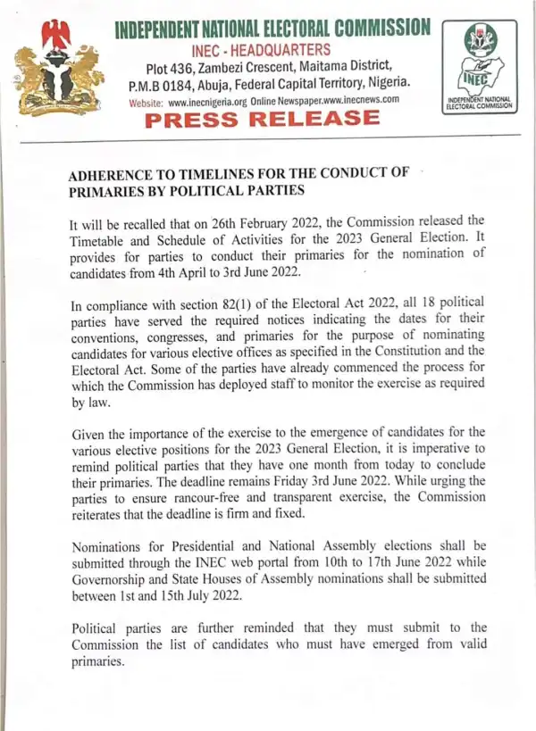 INEC To Political Parties: Deadline For Primaries Will NOT Be Extended