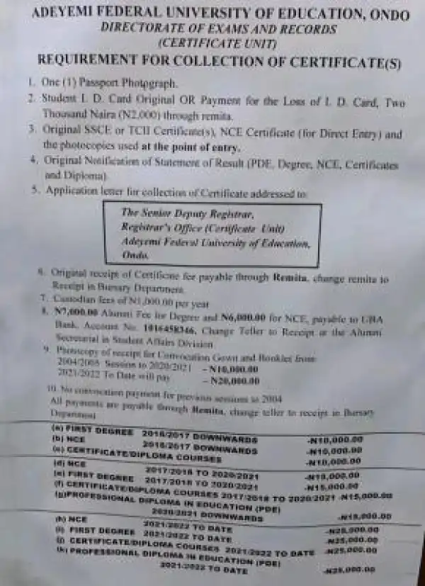 ACEONDO requirements for collection of certificates