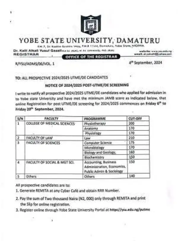 YSU Post-UTME/DE 2024: Cut-off mark, eligibility and registration details