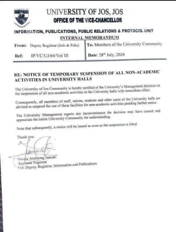 UNIJOS suspends all non-academic activities in University halls