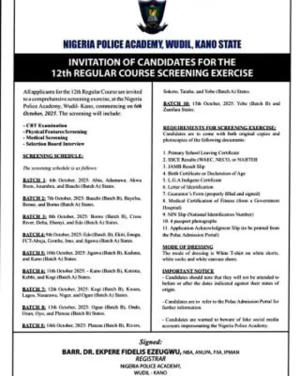 POLAC announces12th regular course screening exercise for all applicants