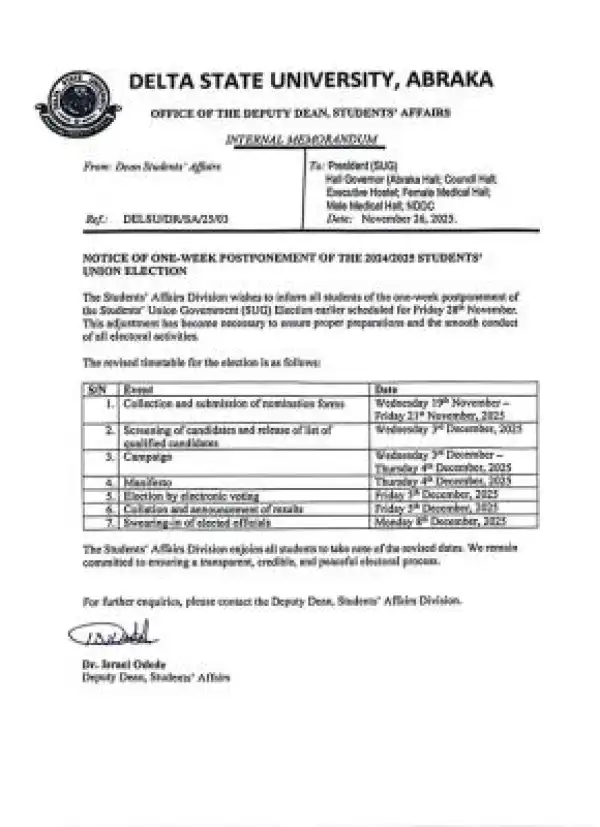 DELSU announces one week postponement of 2024/2025 SUG election