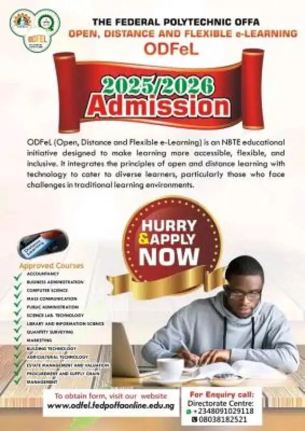 Offa Poly announces ODFEL Admission form, 2025/2026