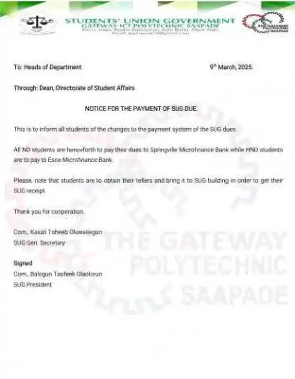 Gateway ICT Poly SUG issues update to students on payment of dues