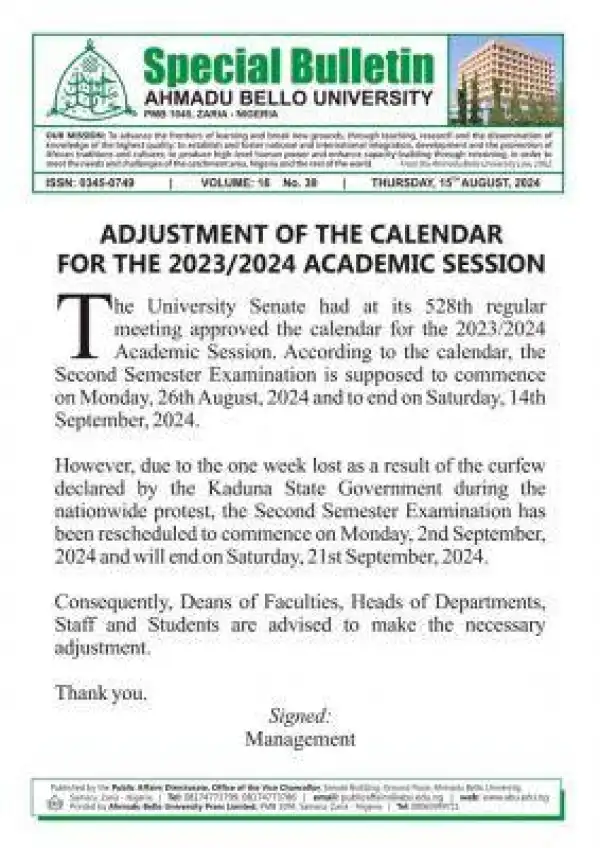 ABU Zaria notice on adjustment of the academic calendar, 2023/2024