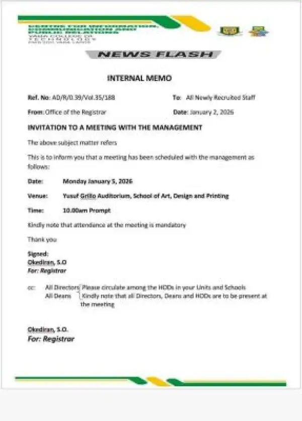 YABATECH Schedules Mandatory Meeting for Newly Recruited Staff