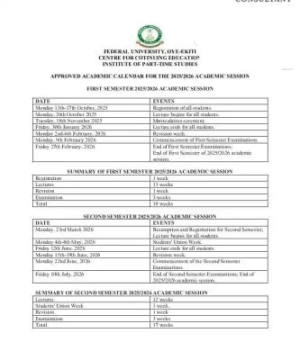 FUOYE releases CEC Part-time academic calendar, 2025/2026