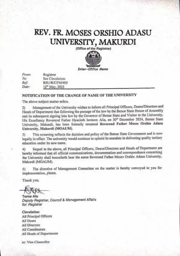 BSU notification on change of the University