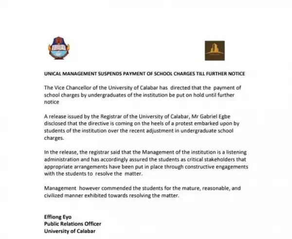 UNICAL management suspends payment of school charges till further notice
