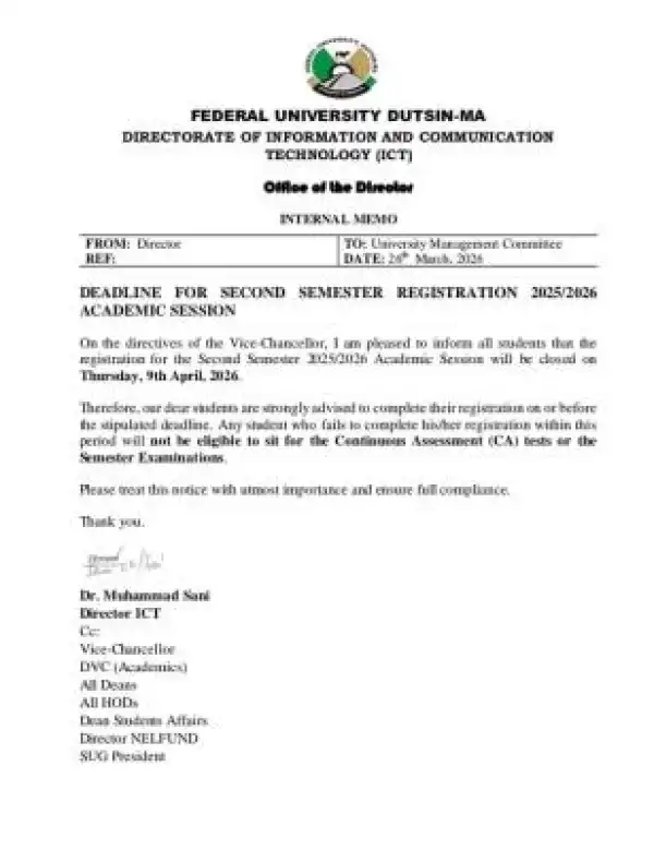 FUDutsinma deadline 2nd semester registration, 2025/2026