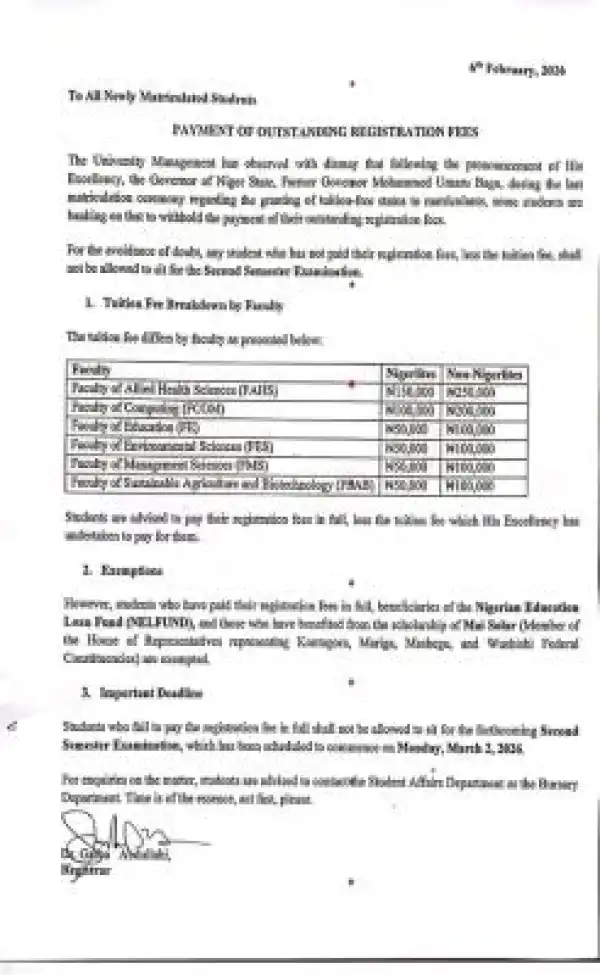 AKUM notice to students on payment of outstanding registration fees