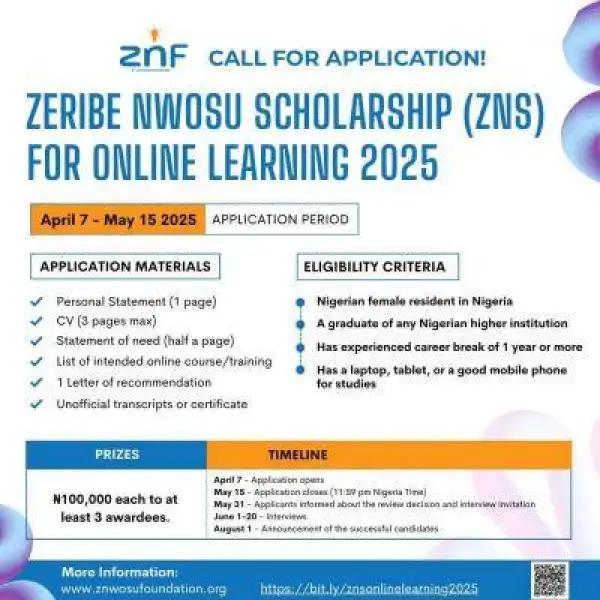 Zeribe Nwosu Scholarship 2025 (Online Learning) for female applicants
