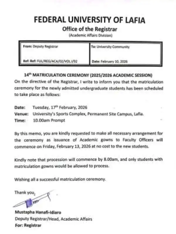 FULafia announces 14th Matriculation Ceremony for undergraduates