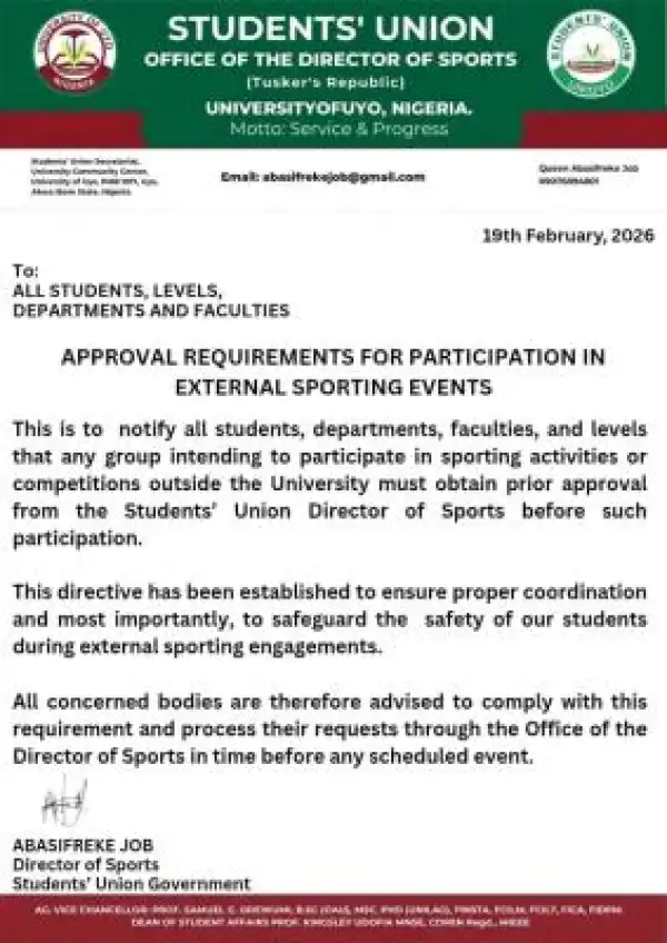UNIUYO SUG notice to students on external sporting events