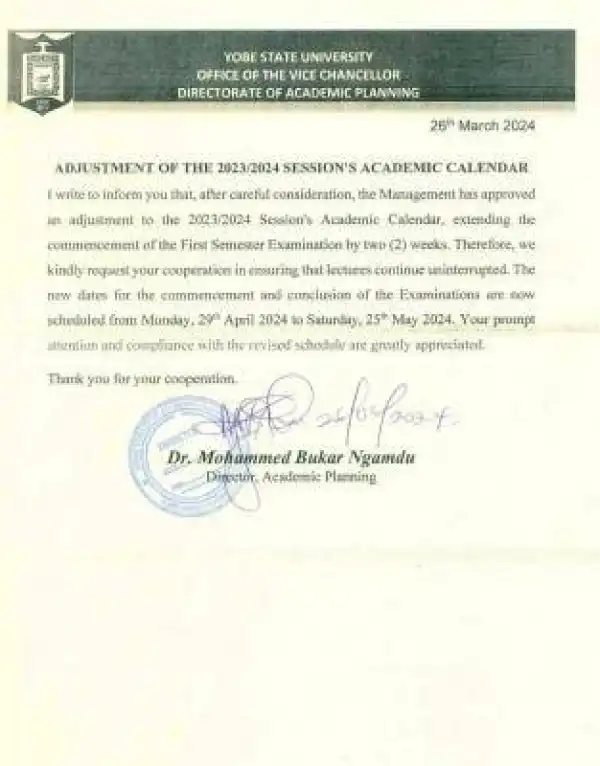 YSU notice of adjustment in academic calendar for 2023/2024 session