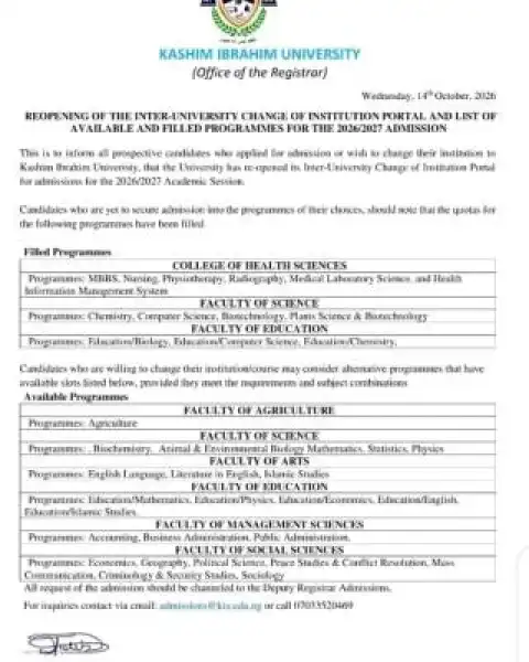 Kashim Ibrahim University Reopens Inter-University Change of Institution Portal, 2026/2027