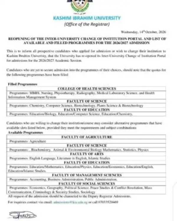 Kashim Ibrahim University Reopens Inter-University Change of Institution Portal, 2026/2027