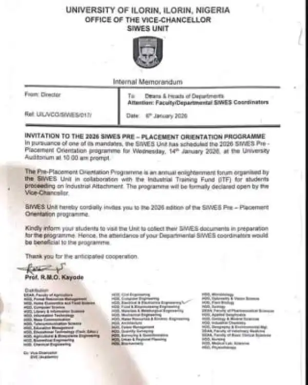 UNILORIN notice on SIWES Pre-Placement Orientation Programme