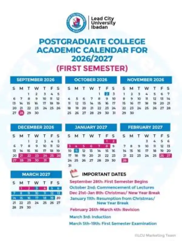 Lead City University releases Postgraduate academic calendar, 2026/2027