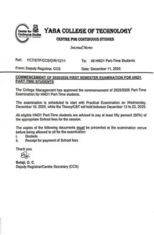 YABATECH notice to HND I part-time students on commencement of 1st semester exam, 2025/2026