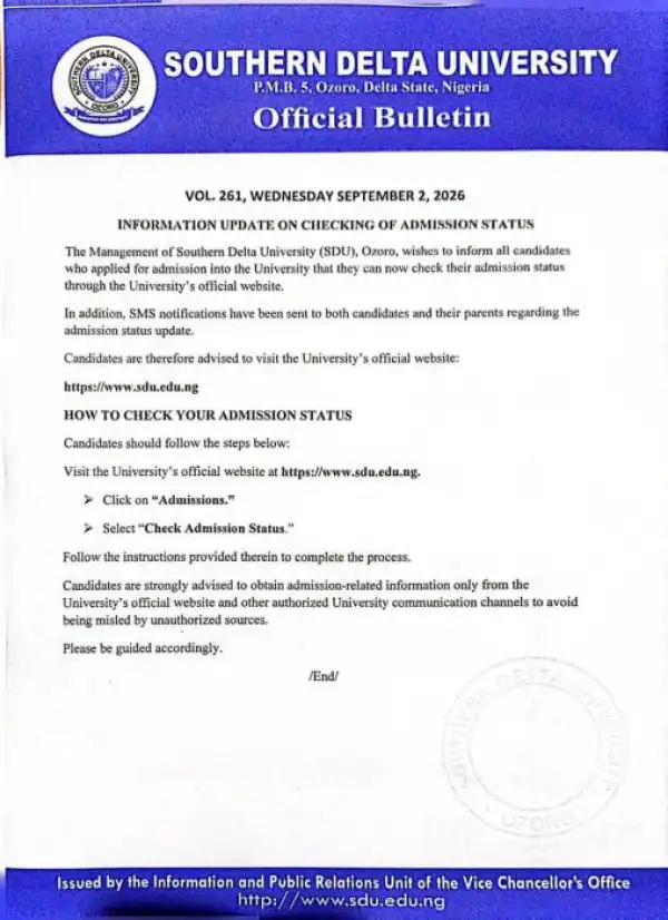 Southern Delta University Admission List, 2026/2027