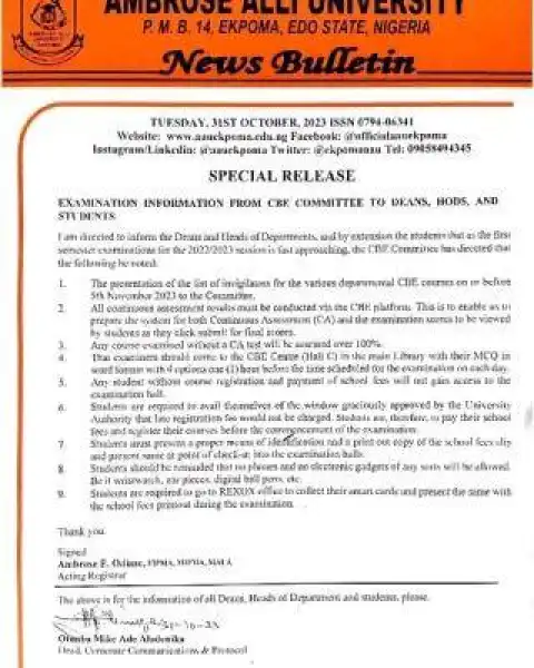 AAU important notice to staff and students on 1st semester exam, 2022/2023