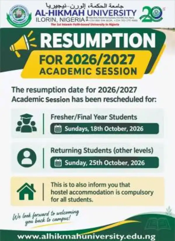 Al-Hikmah University reschedules resumption date for 2026/2027 Academic Session