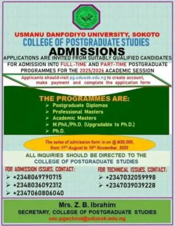 UDUS Postgraduate Admission form, 2025/2026