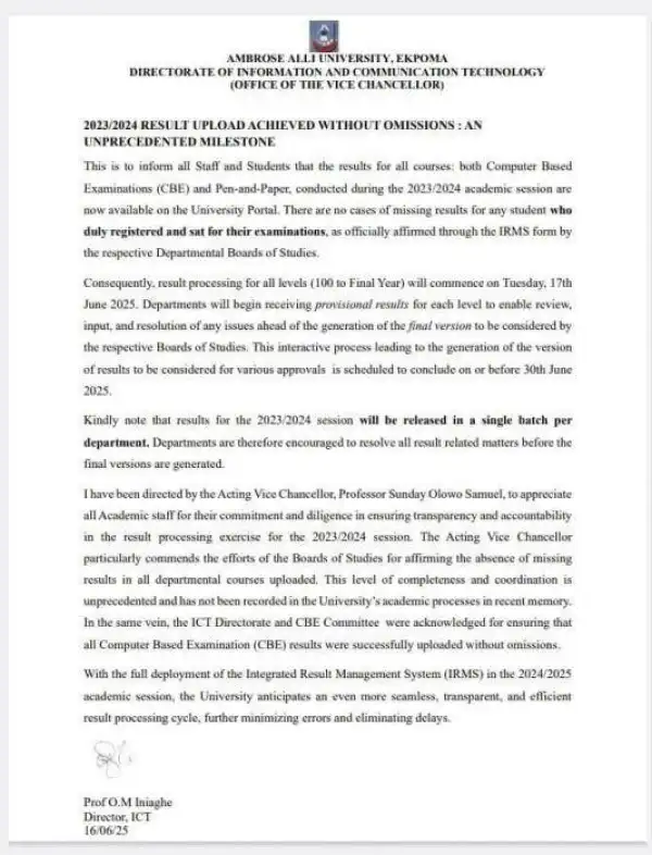 AAU 2023/2024 semester results now available on the school