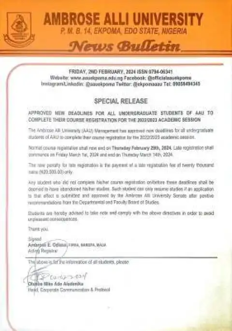 AAU deadlines for completion of undergraduate course registration, 2022/2023
