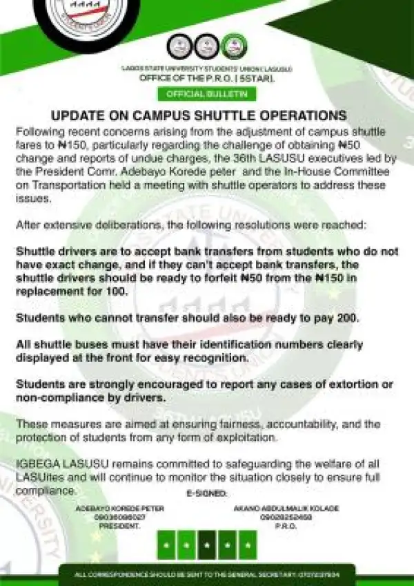 LASU SUG gives Update on Campus Shuttle Operations