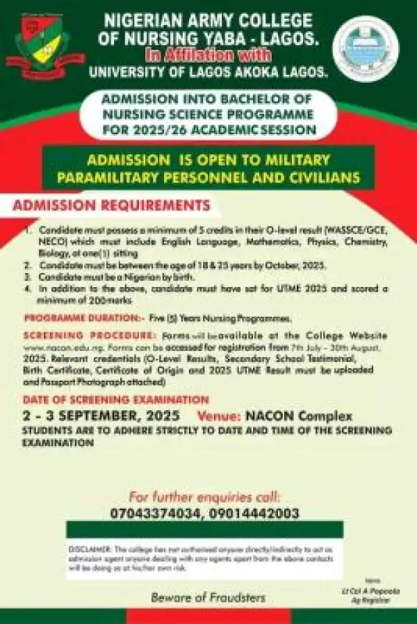 Nigerian Army College of Nursing Sciences, Yaba B.Nsc Nursing Admission, 2025/2026