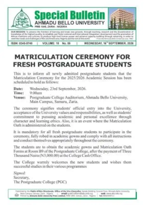 Ahmadu Bello University Announces Matriculation Ceremony for Fresh Postgraduate Students
