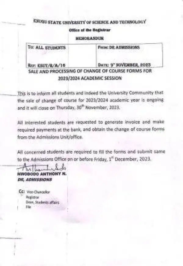 ESUT sales and processing of change of course forms, 2023/2024 session