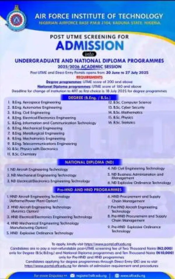 AFIT Post-UTME/DE 2025: Cut-off mark, Eligibility and Registration Details