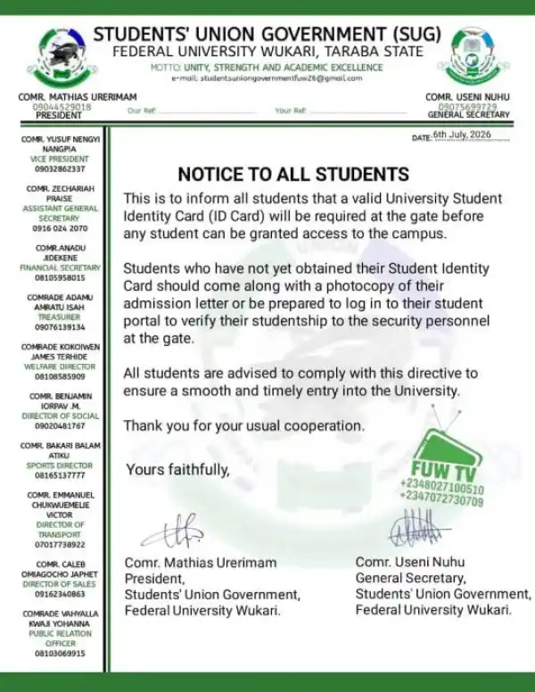 FUWUKARI SUG notice to students on mandatory use of ID Card