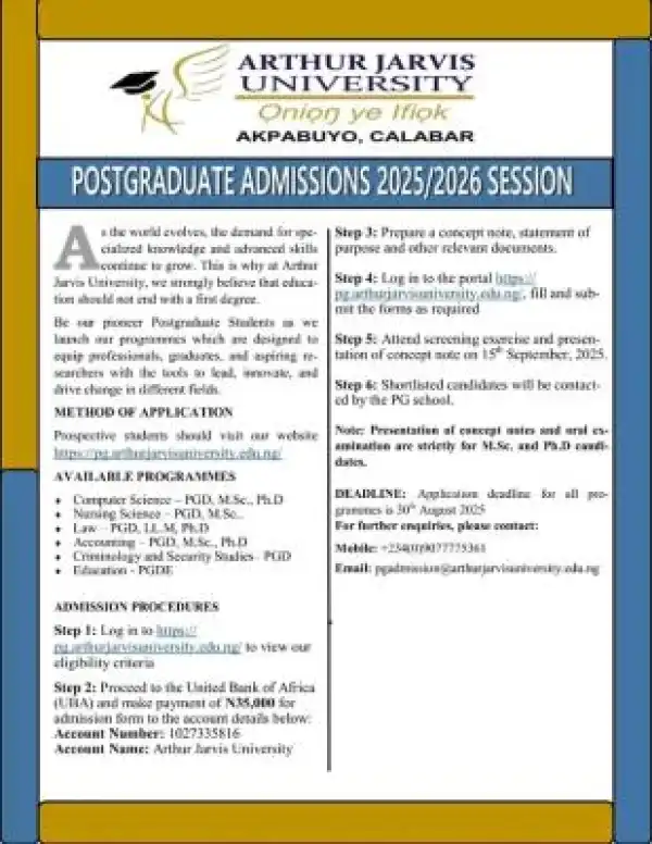 Anchor University Postgraduate Admission form, 2025/2026