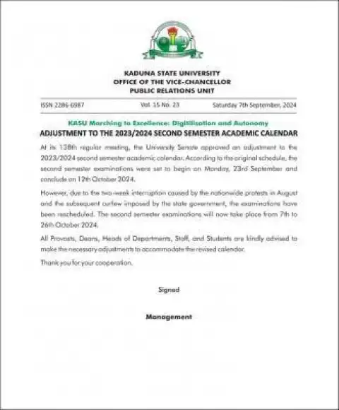 KASU issues notice on adjustment of second semester academic calendar, 2023/2024