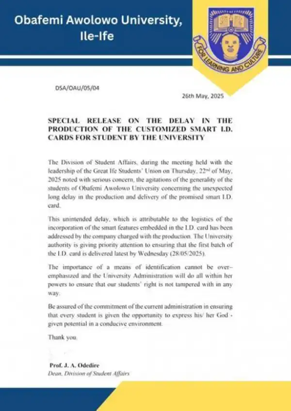 OAU notice on delay in the production of students