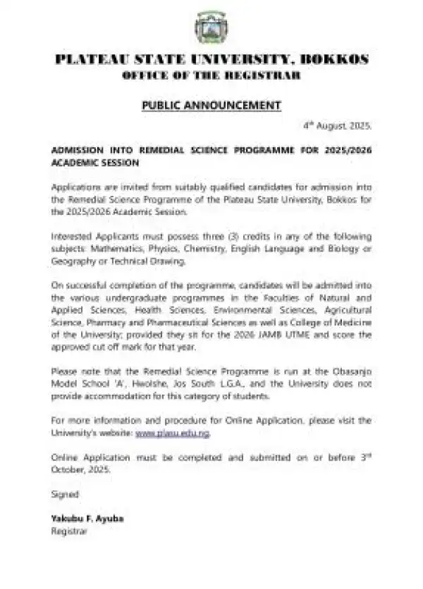 PLASU admission into Remedial science programme, 2025/2026