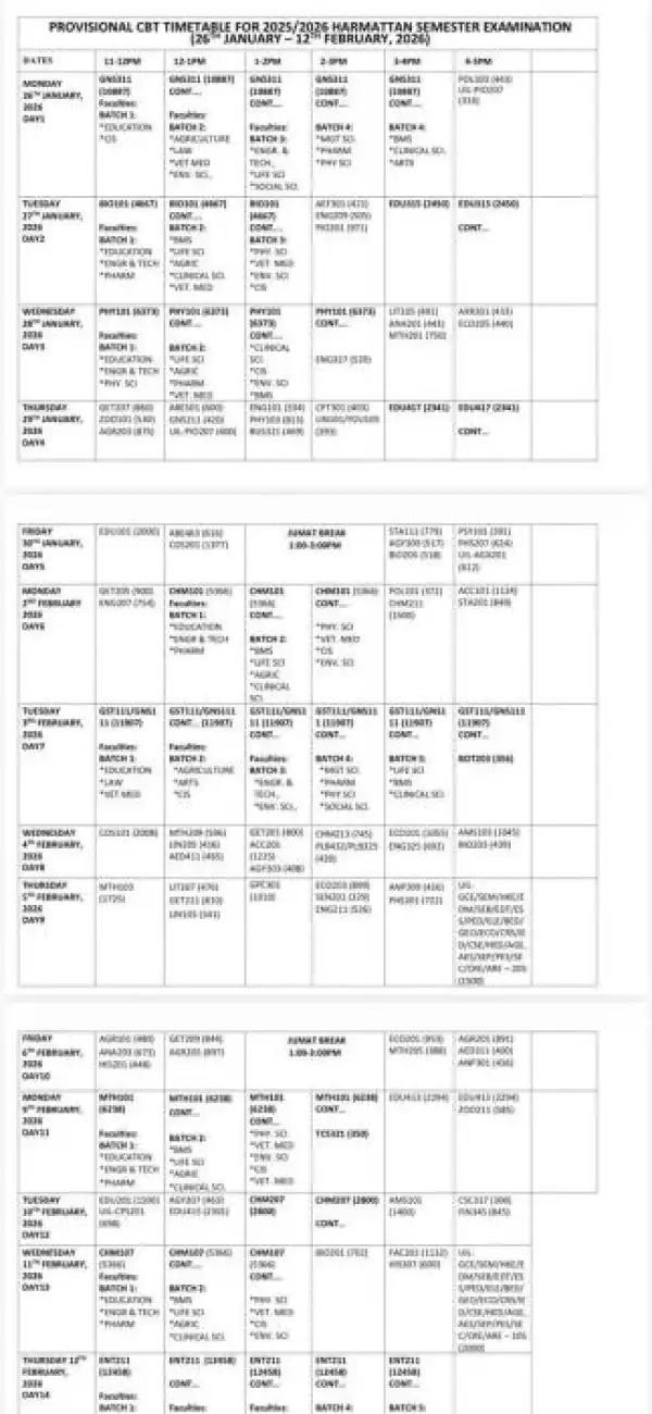 UNILORIN harmattan semester examination time-table, 2025/2026