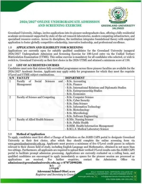 Greenland University Post-UTME 2026: Cut-off mark, eligibility and registration details