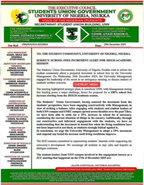 UNN SUG raises alarm over proposed 100% school fees increment