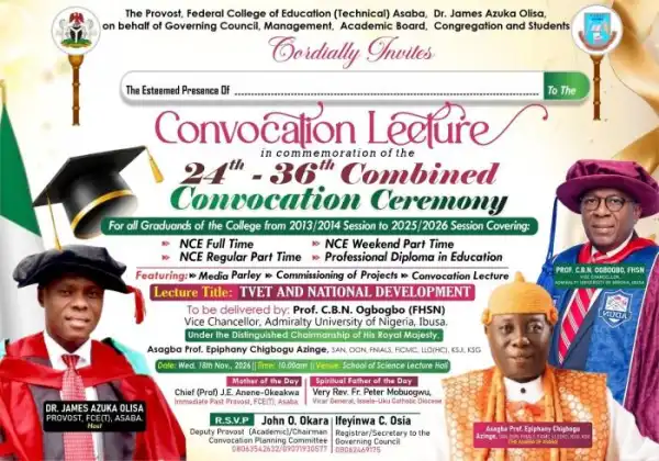 Federal College of Education (Tech.), Asaba announces 24th-26th Convocation