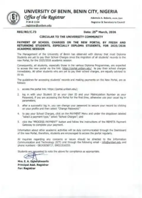 UNIBEN notice on payment of school charges, 2025/2026