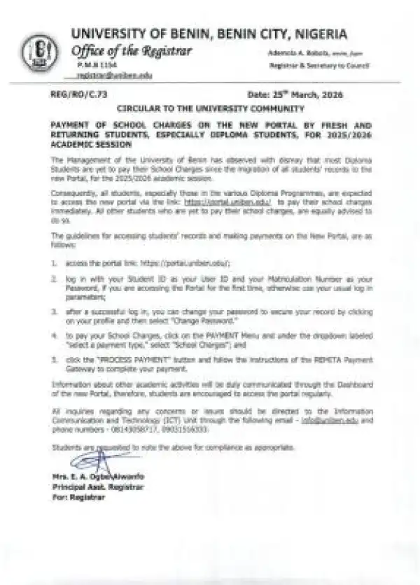 UNIBEN notice on payment of school charges, 2025/2026