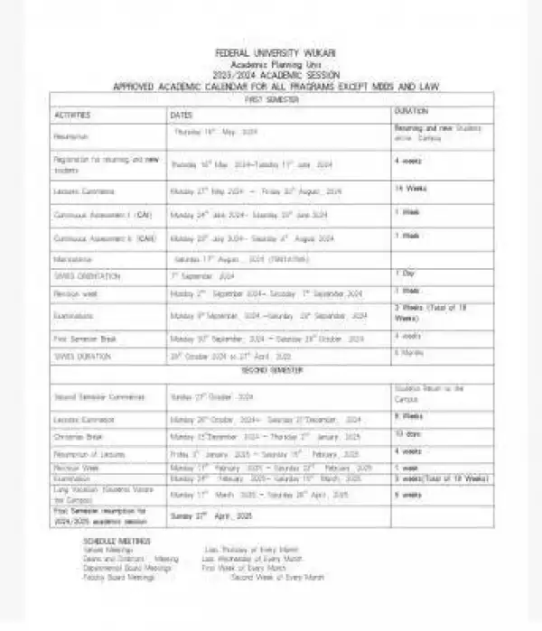 FUWUKARI approved academic calendar, 2023/2024 academic session
