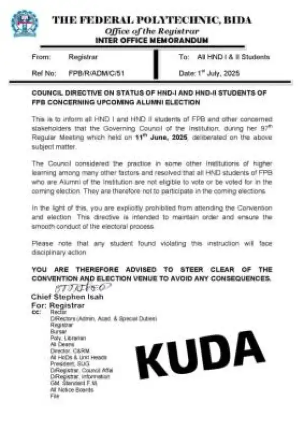 Federal Poly, Bida issues important notice to all HND I & II students