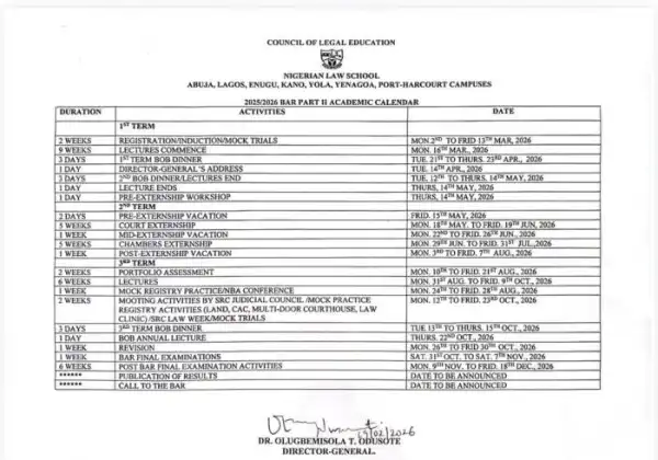 Nigerian Law School releases 2025/2026 Bar Part II Academic Calendar