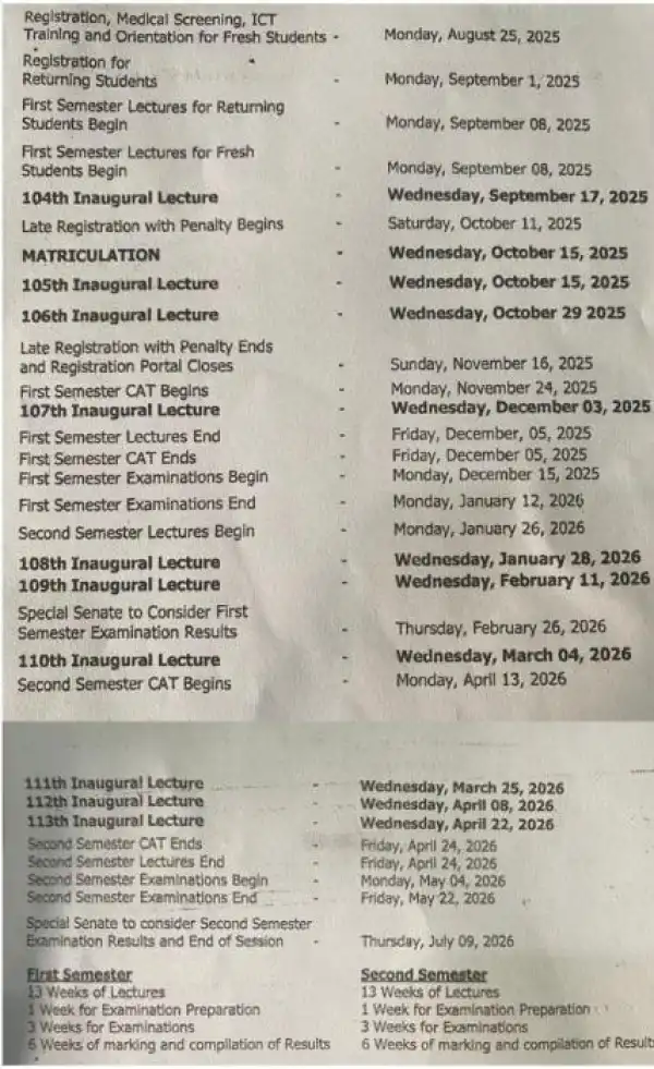 FUNAAB academic calendar for 2025/2026 academic session